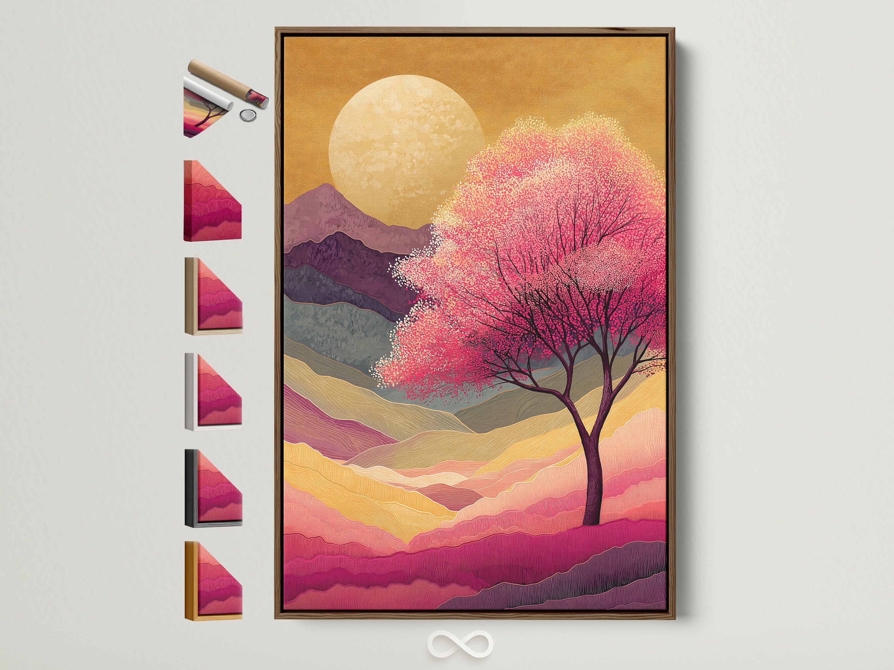 Japanese Cherry Blossom artwork in a brown frame. All frame options are showcased. This art features a pink sunset mountain landscape. Perfect Zen wall art for bedroom decor. A serene addition to any space.
