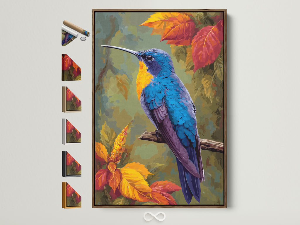 A colorful bird art print is displayed in a brown frame. The artwork features a vibrant hummingbird perched on a branch. You can see all frame options available. This framed art adds a touch of nature and elegance to any space. Explore our variety of frame styles to complement your artwork.