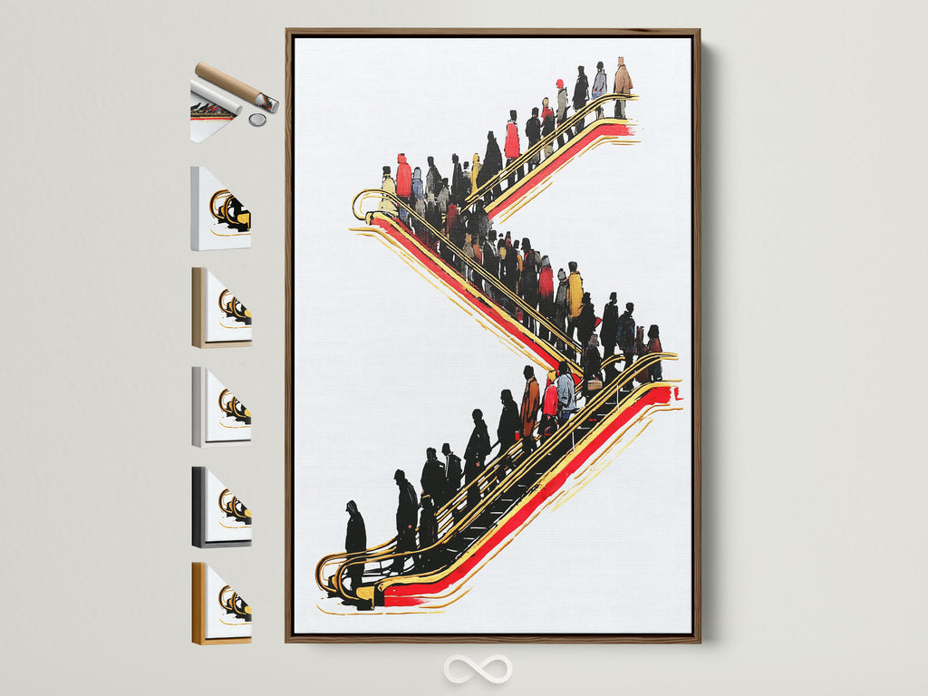 Elevate your space with this captivating escalator artwork. The brown frame complements various interior styles. Explore frame options to personalize your urban commute wall art. Red and gold accents bring sophistication to any room. Consider this modern office art for your waiting room or conference room.