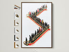 Elevate your space with this captivating escalator artwork. The brown frame complements various interior styles. Explore frame options to personalize your urban commute wall art. Red and gold accents bring sophistication to any room. Consider this modern office art for your waiting room or conference room.