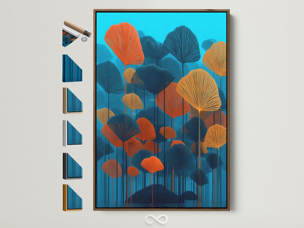 Botanical artwork with teal and orange hues displayed in a brown frame. Explore frame options to perfectly match your decor. This contemporary print enhances any room adding a touch of scandi style. Perfect for homeowners and interior decorators seeking modern wall art.