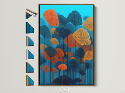 Botanical artwork with teal and orange hues displayed in a brown frame. Explore frame options to perfectly match your decor. This contemporary print enhances any room adding a touch of scandi style. Perfect for homeowners and interior decorators seeking modern wall art.
