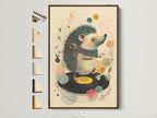 A brown frame showcases a charming artwork. It features a hedgehog DJing on a record player. The frame is displayed with various frame options. Explore framing choices for your artwork. Find the perfect frame for your art.