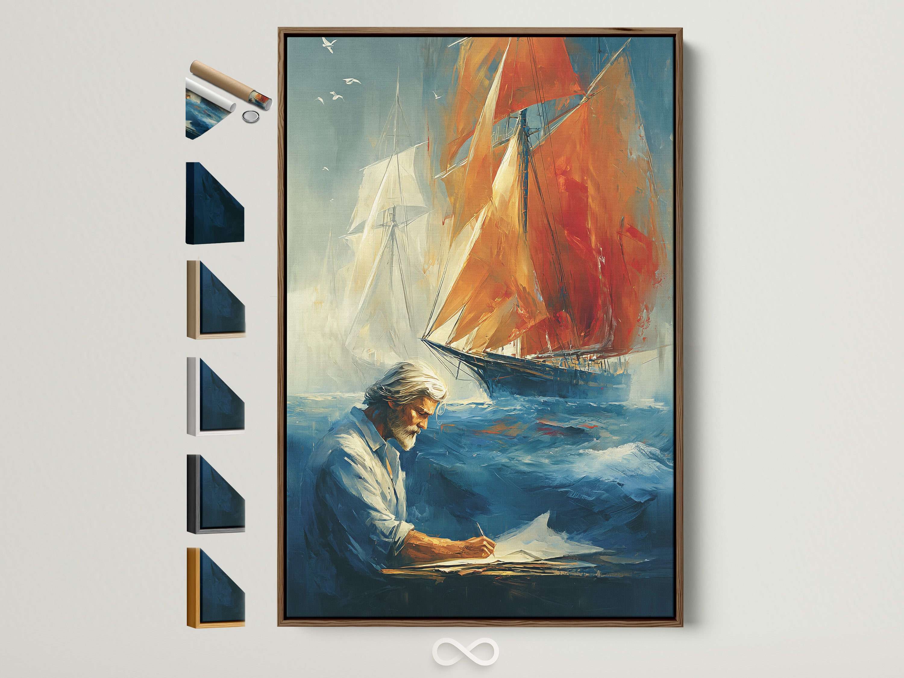 Nautical sailing art print in a brown frame. All frame options are displayed on the side. This vintage maritime wall art features a captain and sailboat. Perfect canvas for study room decor. Add a coastal touch to your home with this beautiful artwork.