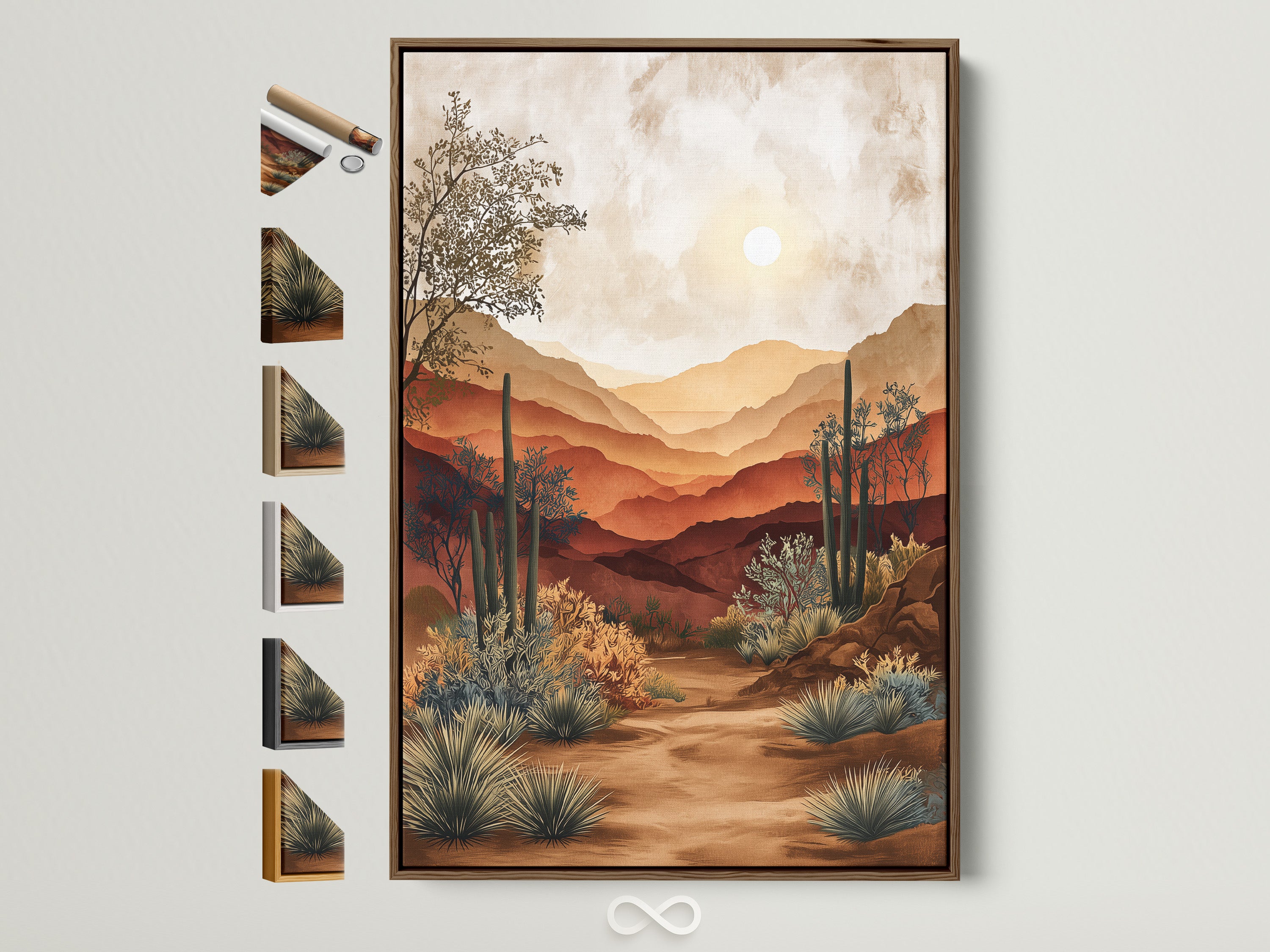 A serene desert landscape artwork is framed in a light brown frame. The artwork features warm earth tones and a bright sun. Frame options are displayed beside the framed art. This allows for easy customization. It brings nature-inspired art to your home.