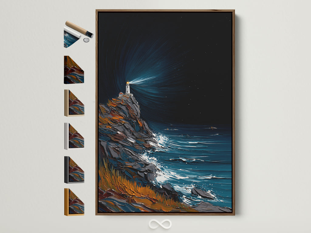 Lighthouse coastal artwork with a brown frame. Frame options are displayed on the side. Find the perfect frame to complement your nautical artwork. Explore our range of frame styles for your coastal canvas.