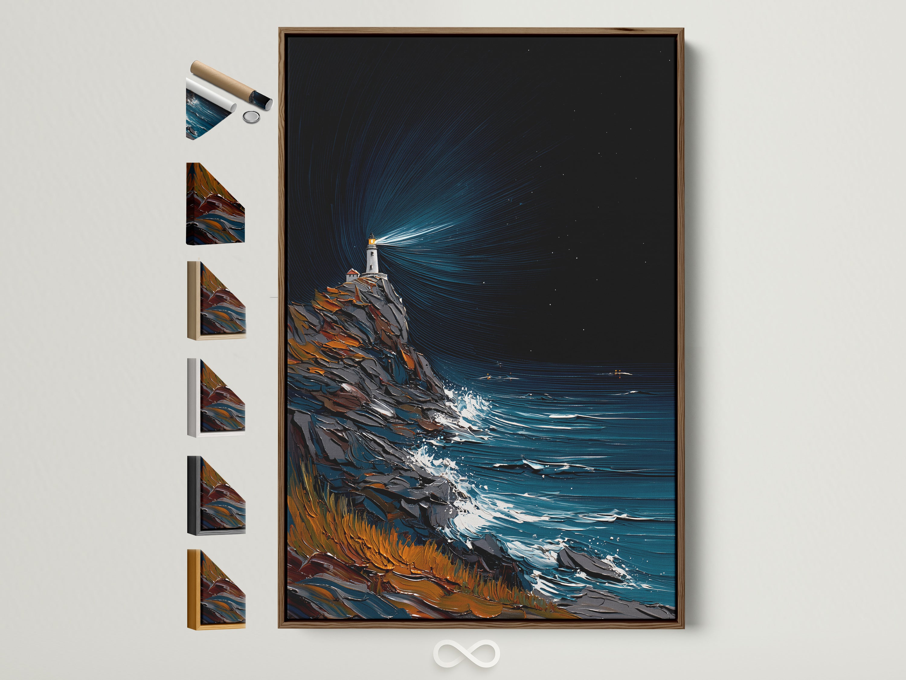Lighthouse coastal artwork with a brown frame. Frame options are displayed on the side. Find the perfect frame to complement your nautical artwork. Explore our range of frame styles for your coastal canvas.