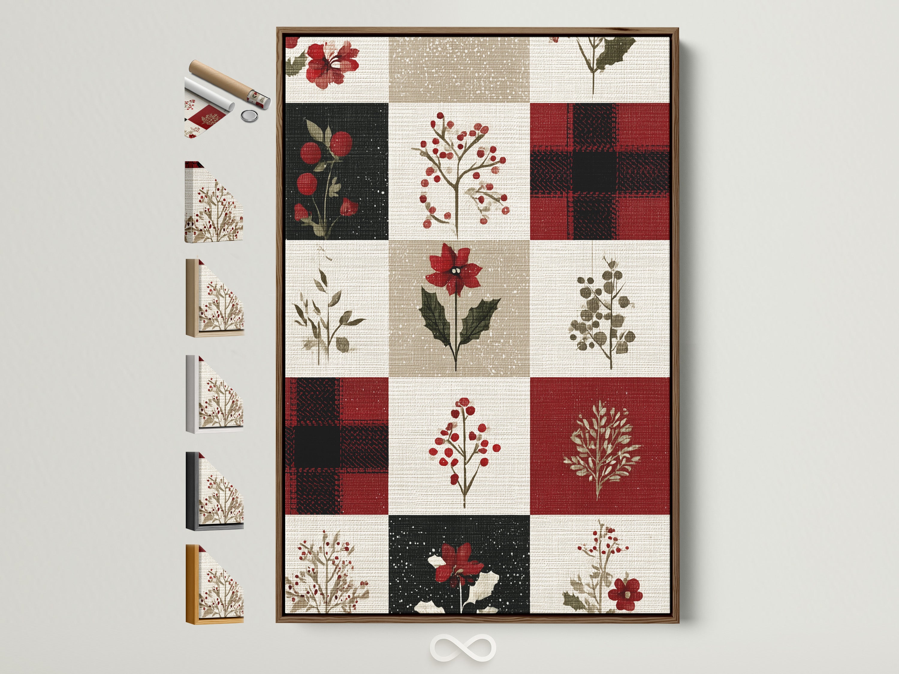 Artwork in a brown frame is displayed on a wall. This framed artwork showcases a grid pattern. Each square within the grid contains unique artwork. The artwork includes floral patterns and plaid artwork. Different frame options are displayed on the side.