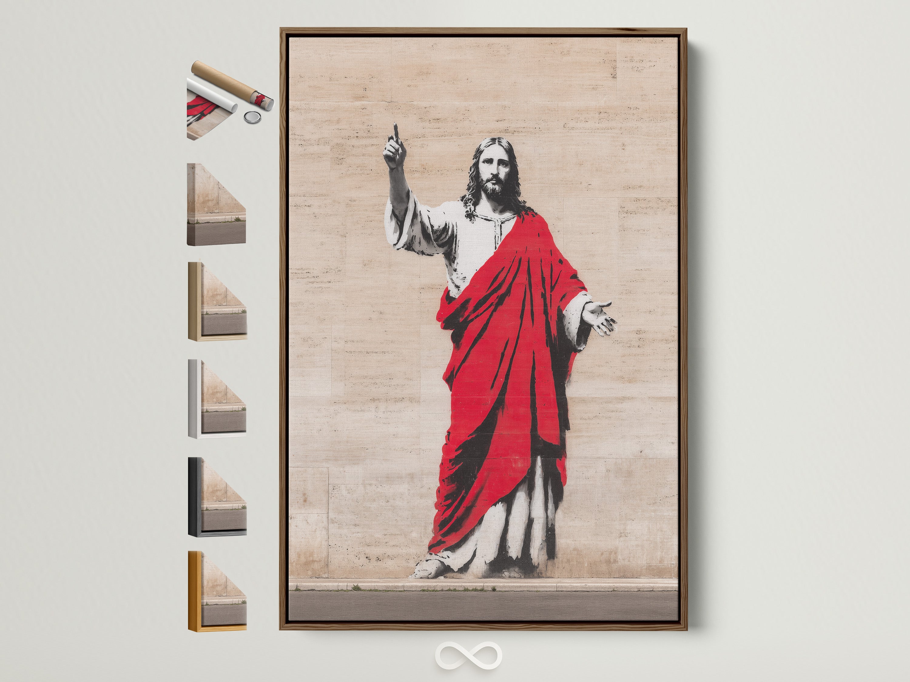 Explore our brown frame options for your artwork. This photo showcases a framed art piece with various frame choices displayed alongside. Find the perfect frame to complement your style. Frame options include natural wood tones and sleek finishes for a gallery-worthy presentation.