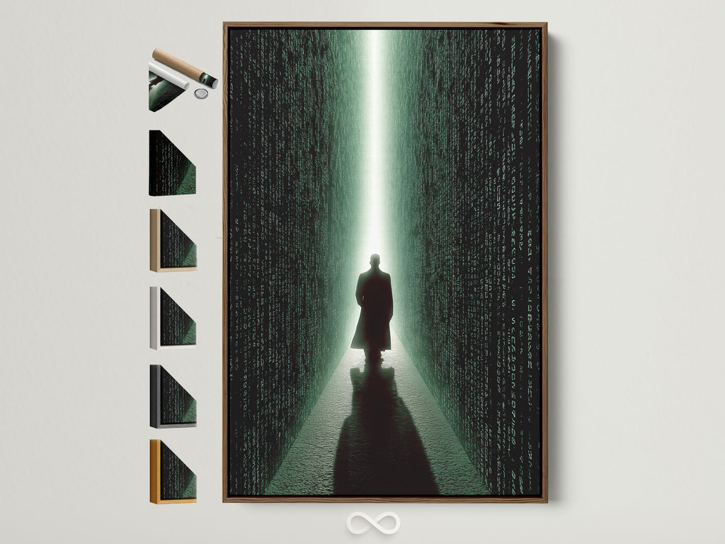 A brown frame displays captivating artwork. The art piece features a figure walking into a digital corridor. The surrounding wall showcases all available frame options. Elevate your space with framed art prints. Find the perfect piece for your home today.