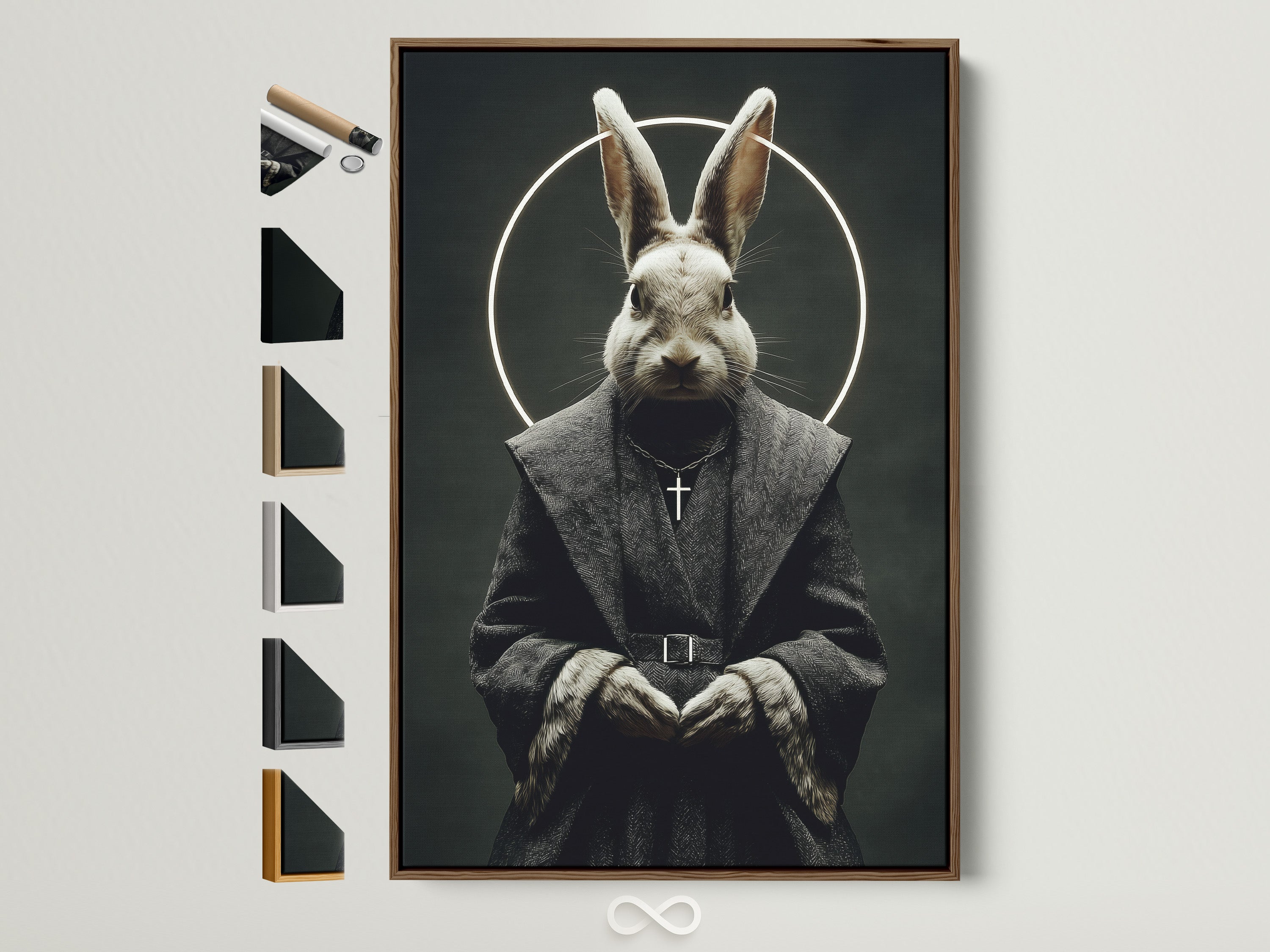 A rabbit monk art print is displayed in a brown frame. The frame options are visible on the side. The art features a rabbit dressed as a monk. It offers a gothic and surreal aesthetic. This artwork is perfect for adding a touch of dark academia to any space.