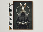 A rabbit monk art print is displayed in a brown frame. The frame options are visible on the side. The art features a rabbit dressed as a monk. It offers a gothic and surreal aesthetic. This artwork is perfect for adding a touch of dark academia to any space.