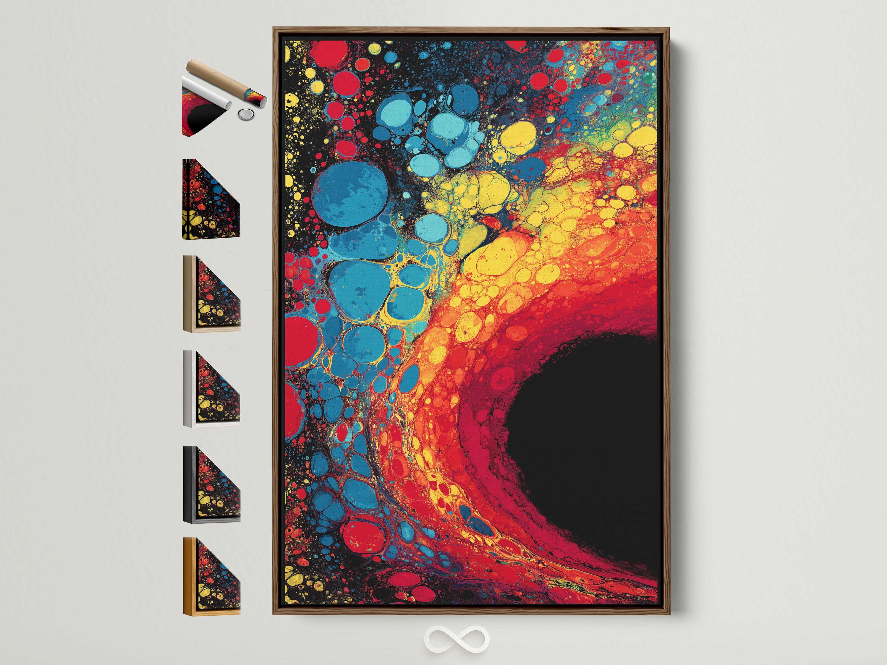 A vibrant artwork is displayed in a brown frame. It is mounted on a white wall. Additional frame options are showcased on the side. Explore framing choices to enhance your space with custom art.