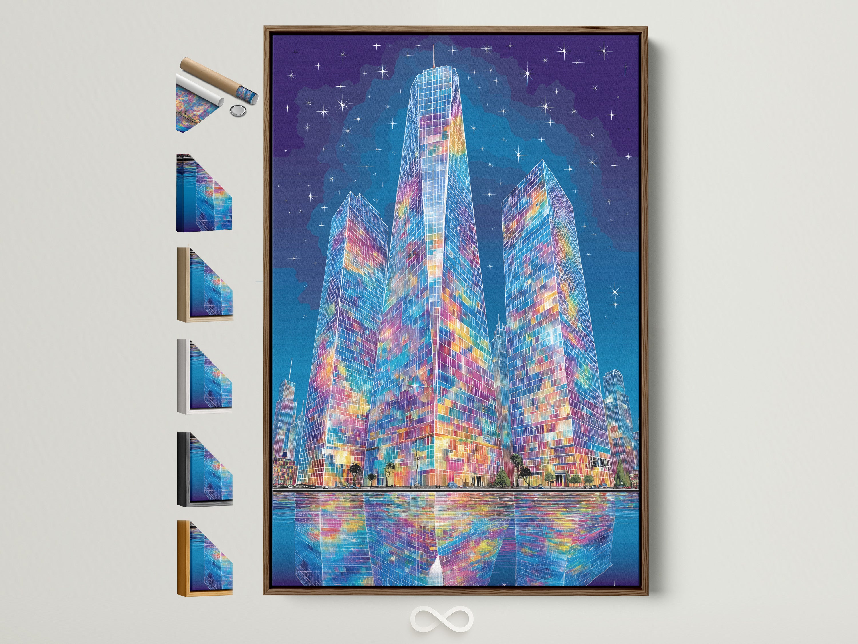 Explore frame options for the colorful city skyline art. This brown frame elegantly displays the modern urban artwork. Discover various frame styles to perfectly match your decor. See all available frame choices showcased beside the framed art.