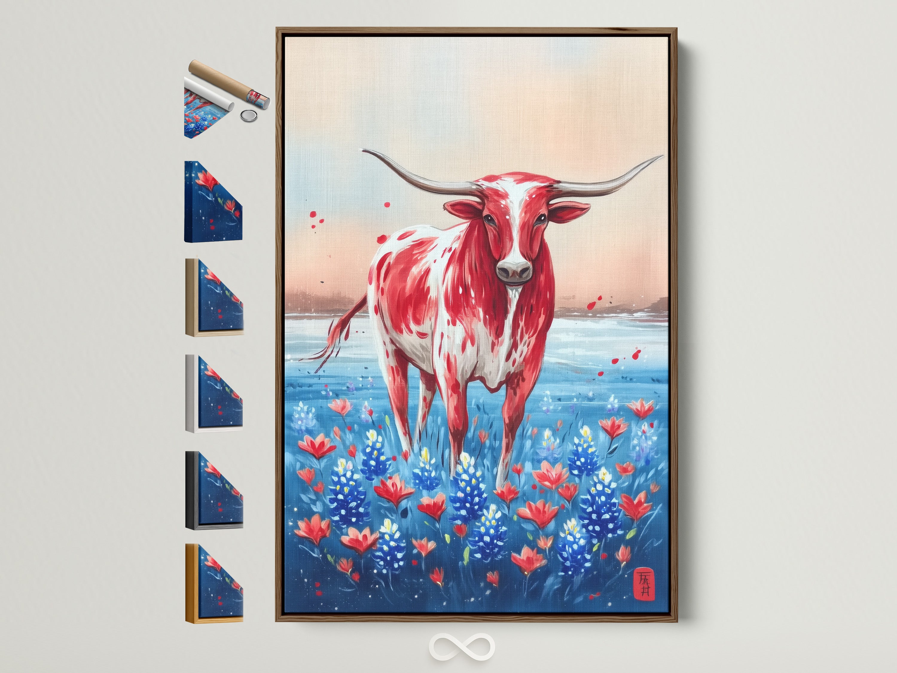 Texas Longhorn art in a brown frame. The artwork features a red and white Longhorn standing in a field of bluebonnets. Western farmhouse decor to elevate your living room. All frame options are displayed on the side.