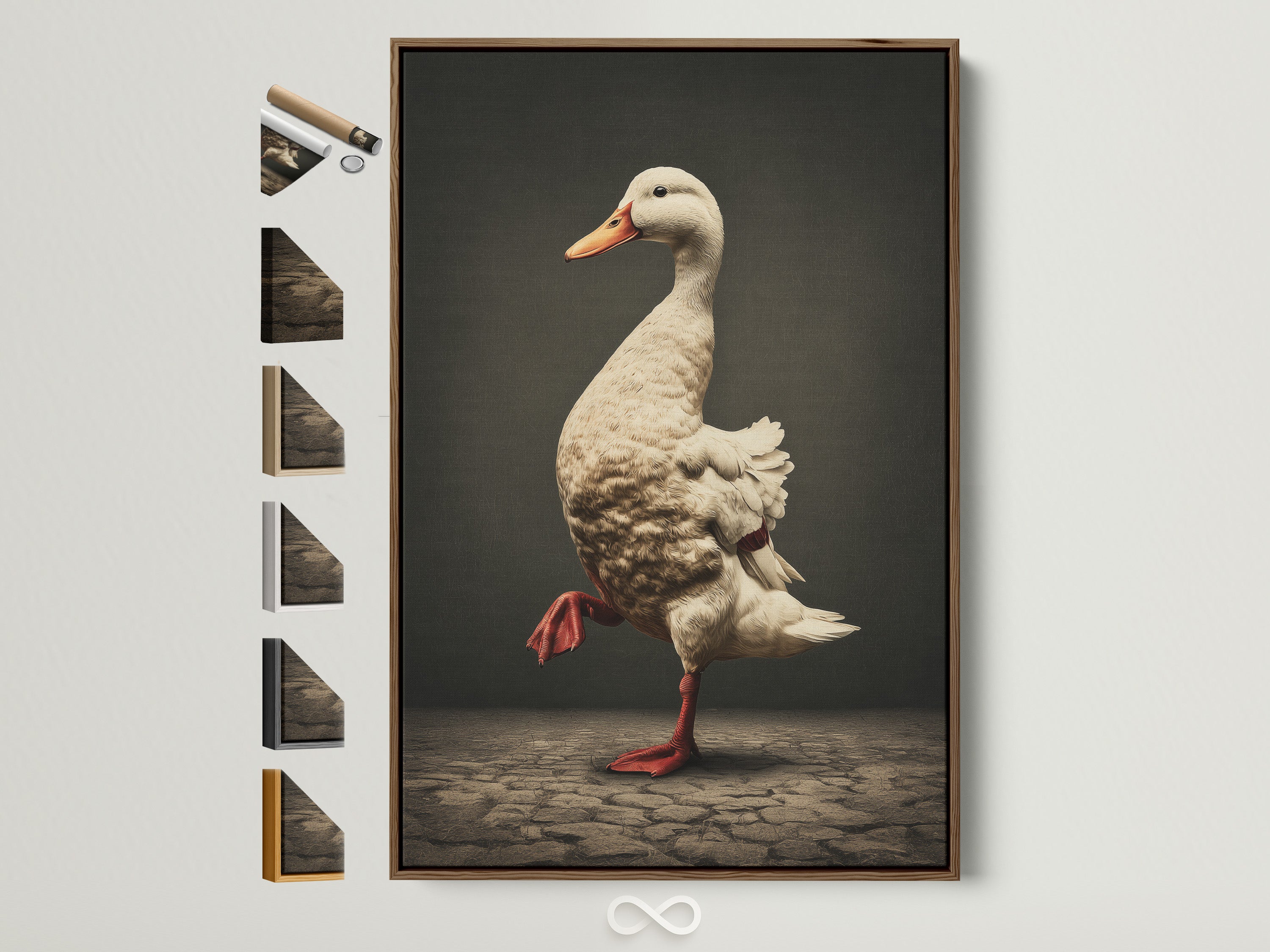 Vintage Duck Canvas Artwork in a brown frame. This quirky animal wall art features a duck wearing red boots. A whimsical farmhouse decor piece perfect for kitchen wall art. Explore all frame options to customize your artwork.