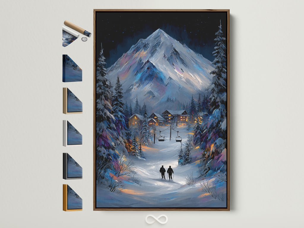 Winter Mountain Canvas artwork showcases available frame options. A brown frame displays a snowy alpine landscape painting. This artwork is perfect for cozy cabin decor. See all frame choices to find the ideal match for your lodge wall art.