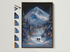 Winter Mountain Canvas artwork showcases available frame options. A brown frame displays a snowy alpine landscape painting. This artwork is perfect for cozy cabin decor. See all frame choices to find the ideal match for your lodge wall art.