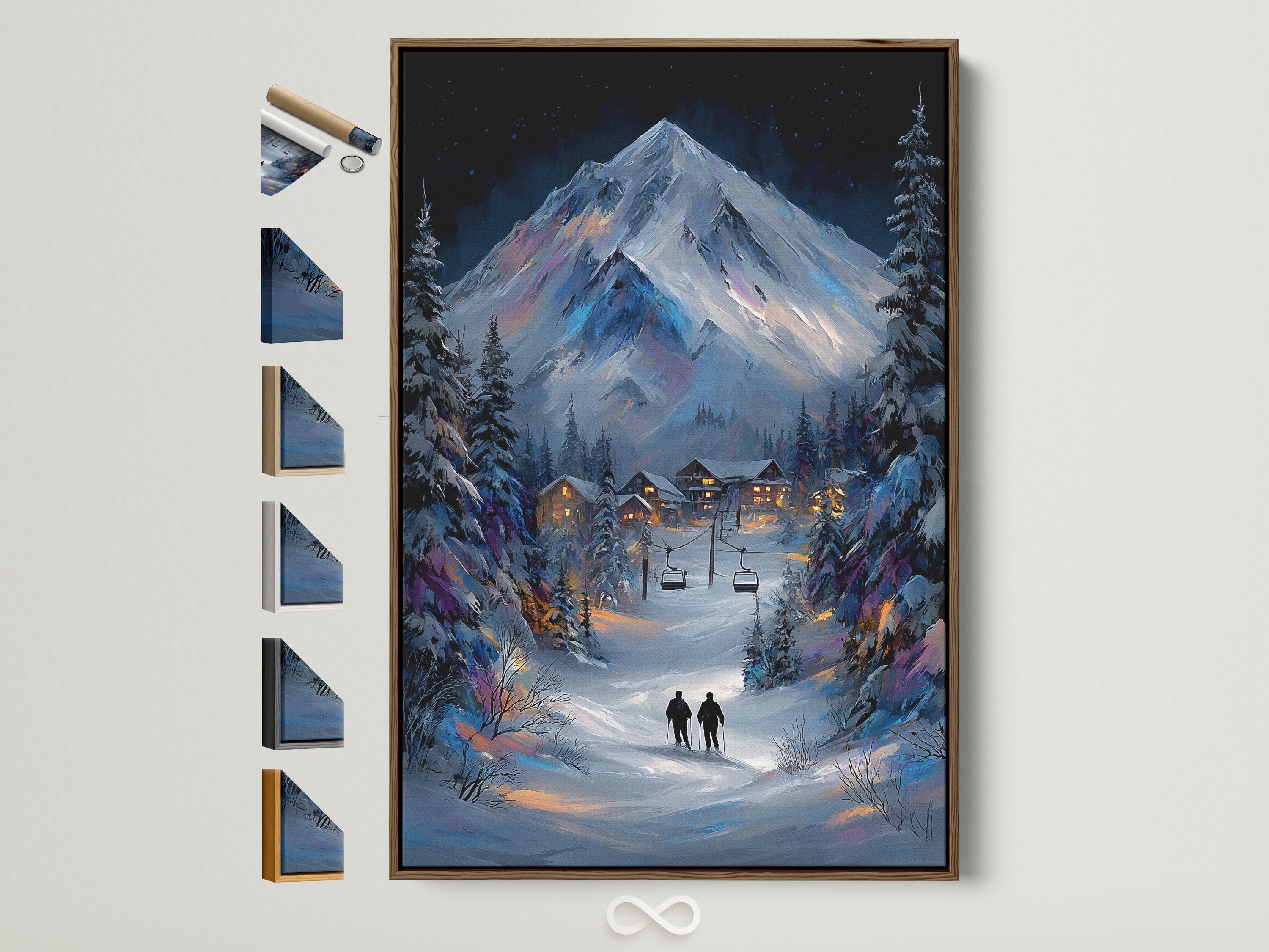 Winter Mountain Canvas artwork showcases available frame options. A brown frame displays a snowy alpine landscape painting. This artwork is perfect for cozy cabin decor. See all frame choices to find the ideal match for your lodge wall art.