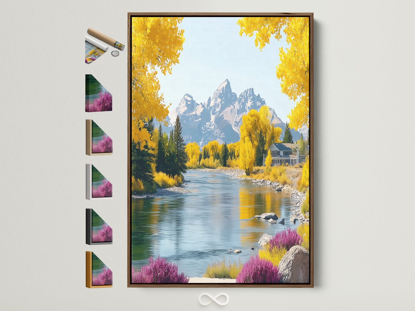 Mountain River canvas print displayed in a brown frame. This artwork features an autumn landscape with yellow trees. Frame options are visible on the side. Ideal for rustic and nature-themed home decor.