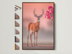 Framed deer artwork options displayed. Brown frame showcases a whimsical wildlife canvas print. Pink floral antler art creates a serene bedroom decor. Nature photography is beautifully captured. This deer canvas print adds charm to any space. Explore other frame styles for personalized art.