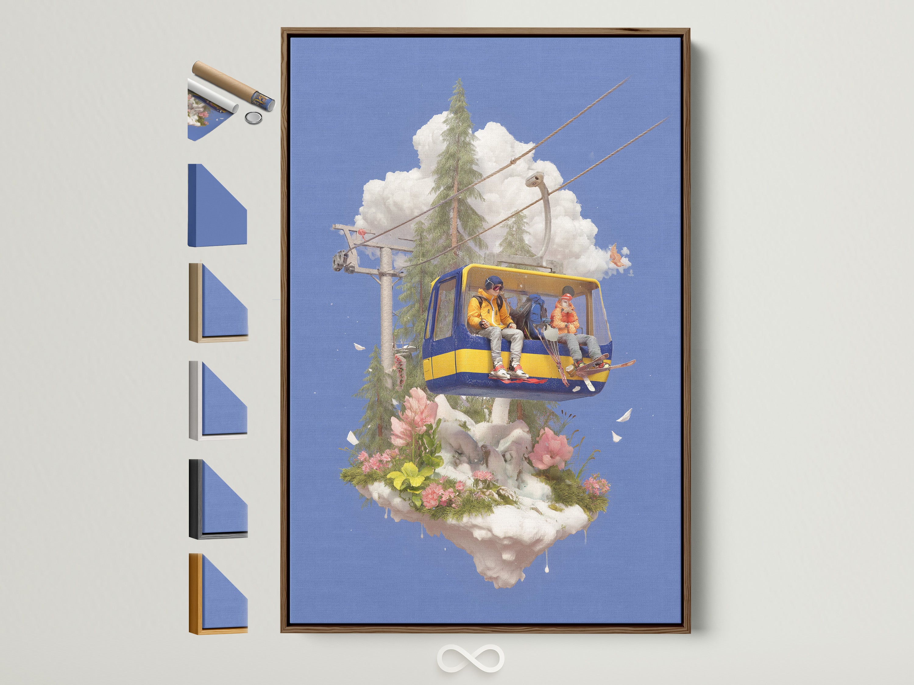 Ski Lift Adventure artwork with a brown frame. The frame options are displayed on the side. Perfect wall decor to elevate lodge kids or travel-themed styles. It fits perfectly for Living Room Wall Art Bedroom Wall Decor or Kids Room Art