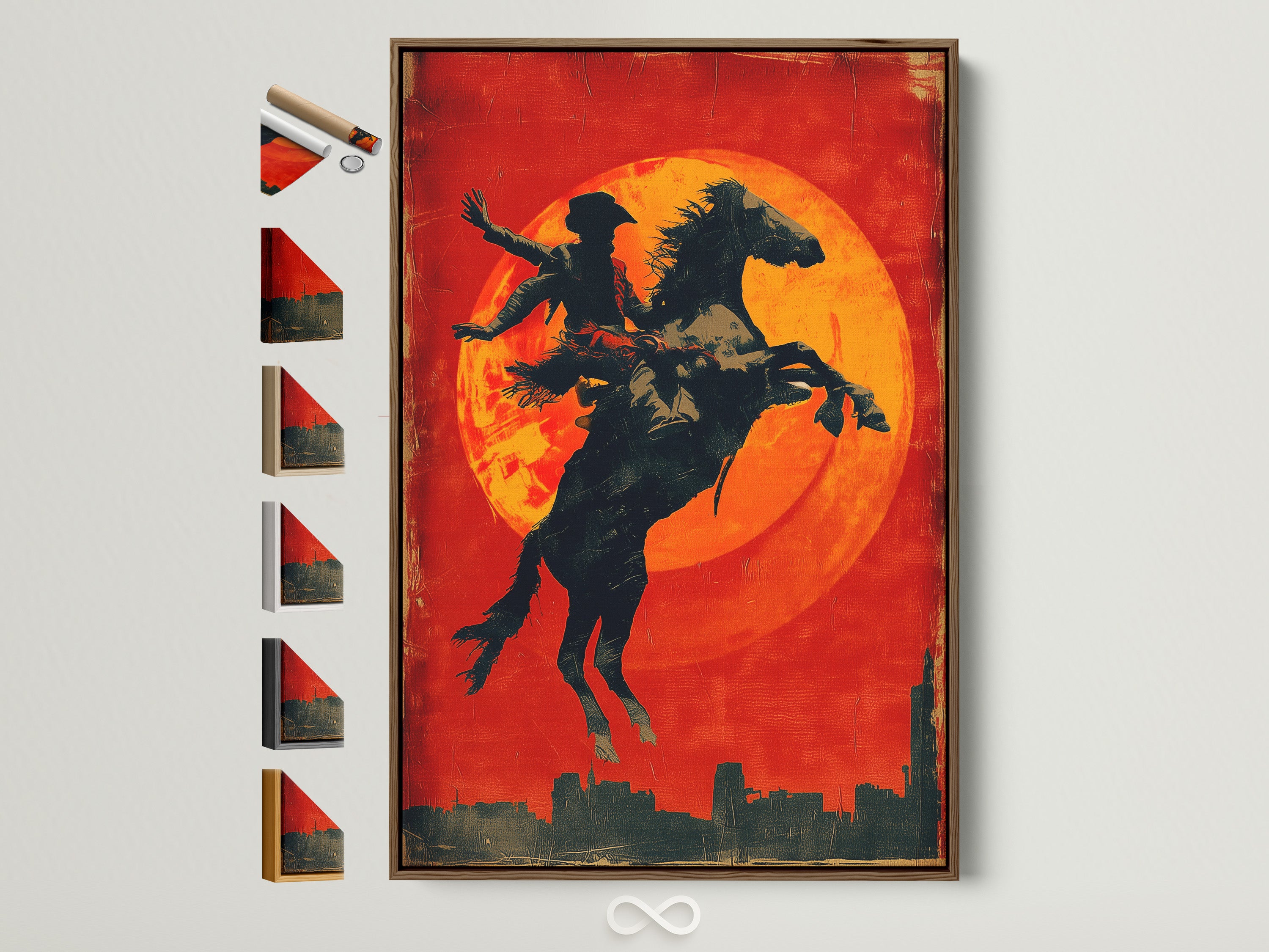 Explore our frame options. See your art displayed in a brown frame. Other frame styles are displayed on the side. Find the perfect frame to complement your artwork. Elevate your space today