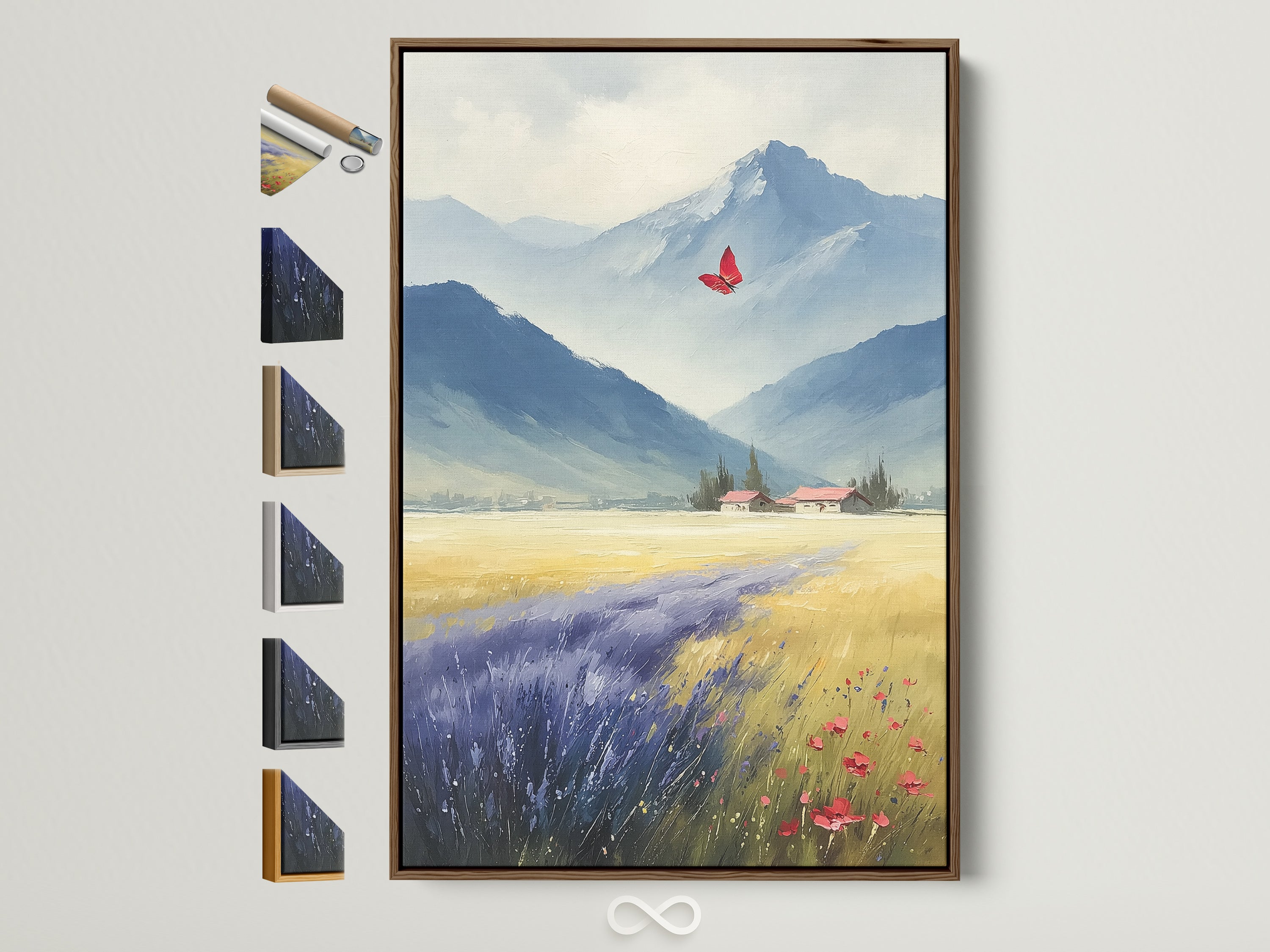 Mountain Valley Canvas Print with a brown frame is displayed. This farmhouse style artwork features a butterfly landscape. The wall art provides nature decor for your home. The art piece includes a mountain vista and wildflower art. Perfect for rustic wall art and country decor.