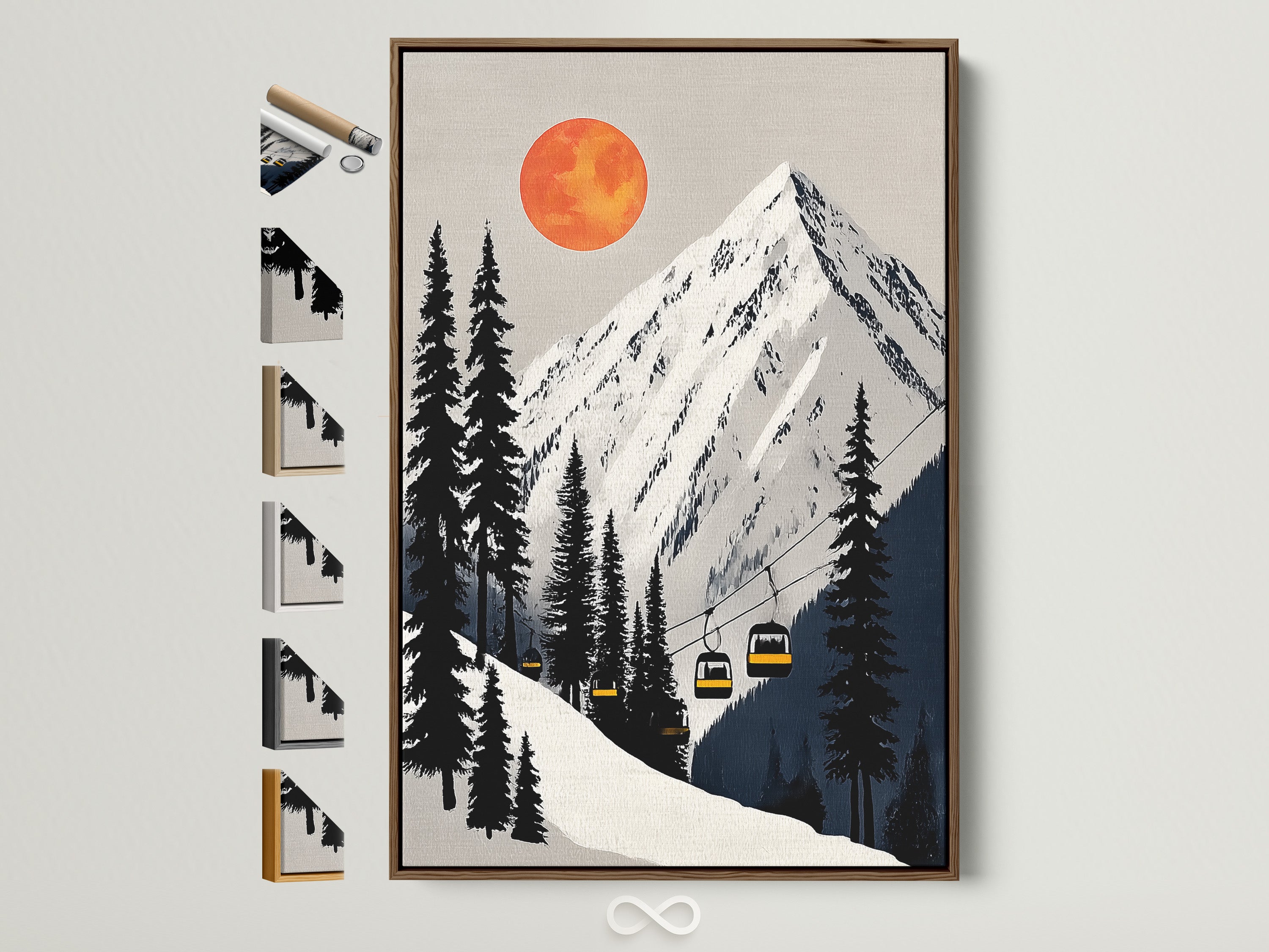 Brown frame showcasing mountain ski lift artwork. This alpine landscape is perfect cabin decor. Explore frame options available on the side. Elevate your space with winter sports art. A great addition to ski lodges and mountain resorts.