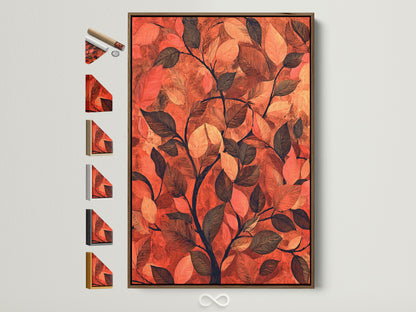 Botanical leaf art in a brown frame is displayed. The artwork features terracotta wall art. Autumn leaves artwork adds warmth to any study room decor. A variety of frame options are presented on the side. Each frame complements the nature-inspired wall art beautifully.
