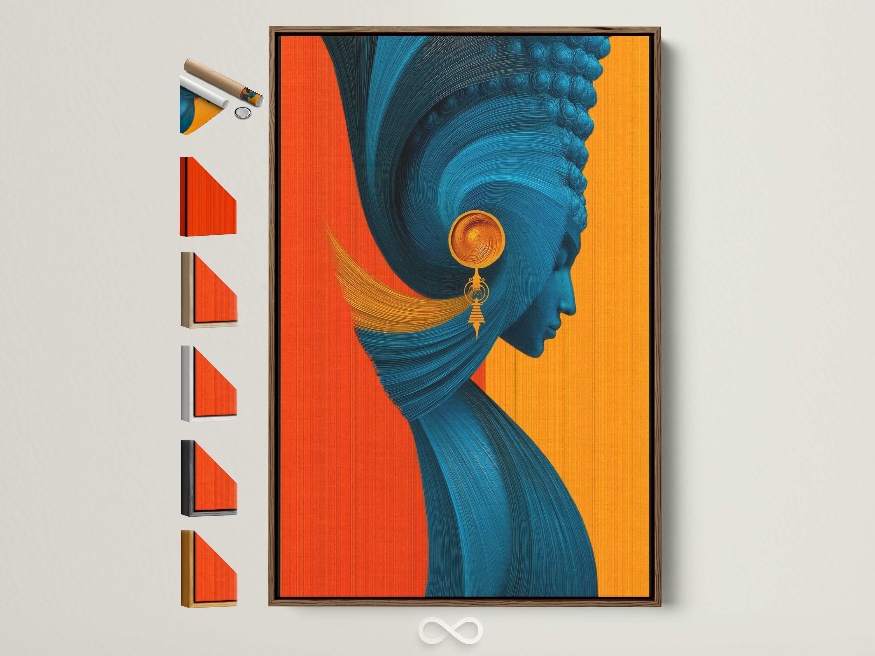 Abstract woman artwork with teal and orange hues is displayed in a brown frame. Frame options are visible offering a glimpse into available choices. The art piece is modern and vibrant. It is an excellent choice for adding a touch of contemporary style to any space.