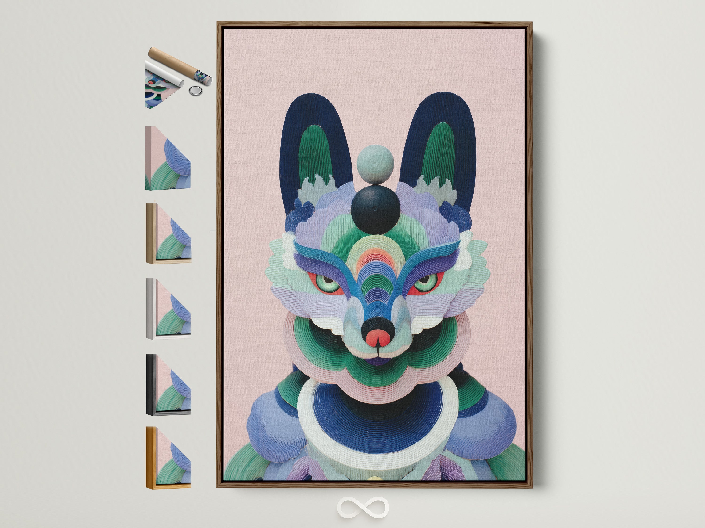 Geometric Fox artwork in a brown frame. This modern animal wall art features a colorful abstract fox. The artwork is displayed with other frame options. Ideal for nurseries and playrooms it adds a playful touch to any space.