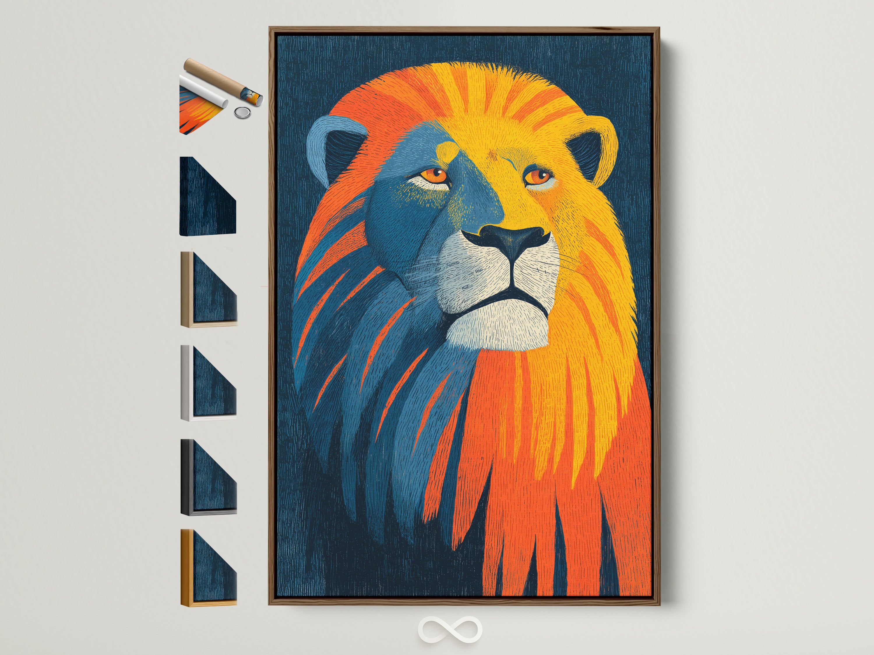 A vibrant lion artwork is displayed in a brown frame. This artwork showcases the range of available framing choices. View all our custom frame options. The lion art is a great conversation starter.