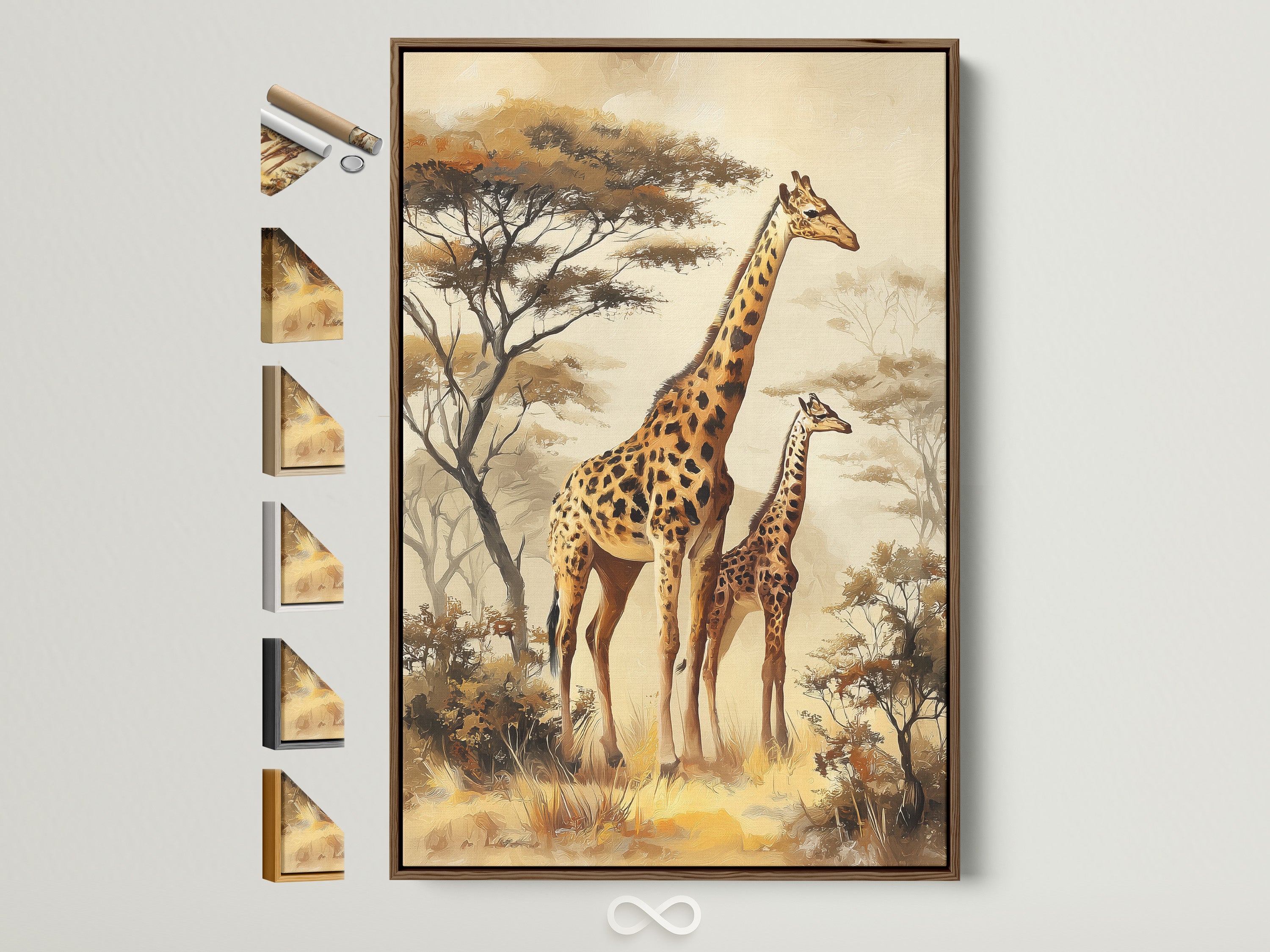 Brown frame artwork option. This artwork features a mother and baby giraffe. The print has a natural oak frame. See all of our frame options on the side. Find the perfect frame to suit your decor style. A variety of frame styles are available for your artwork.