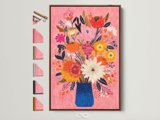 A vibrant floral artwork adds a pop of color to any room. This art piece has a brown frame. All frame options are displayed on the side. Find the perfect frame to complement your unique style and home decor. Elevate your space with framed floral art.