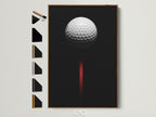 Golf ball canvas artwork in a brown frame. This modern sports wall art features a minimalist black and red golf decor. Perfect for a man cave or office. See frame options on the side.