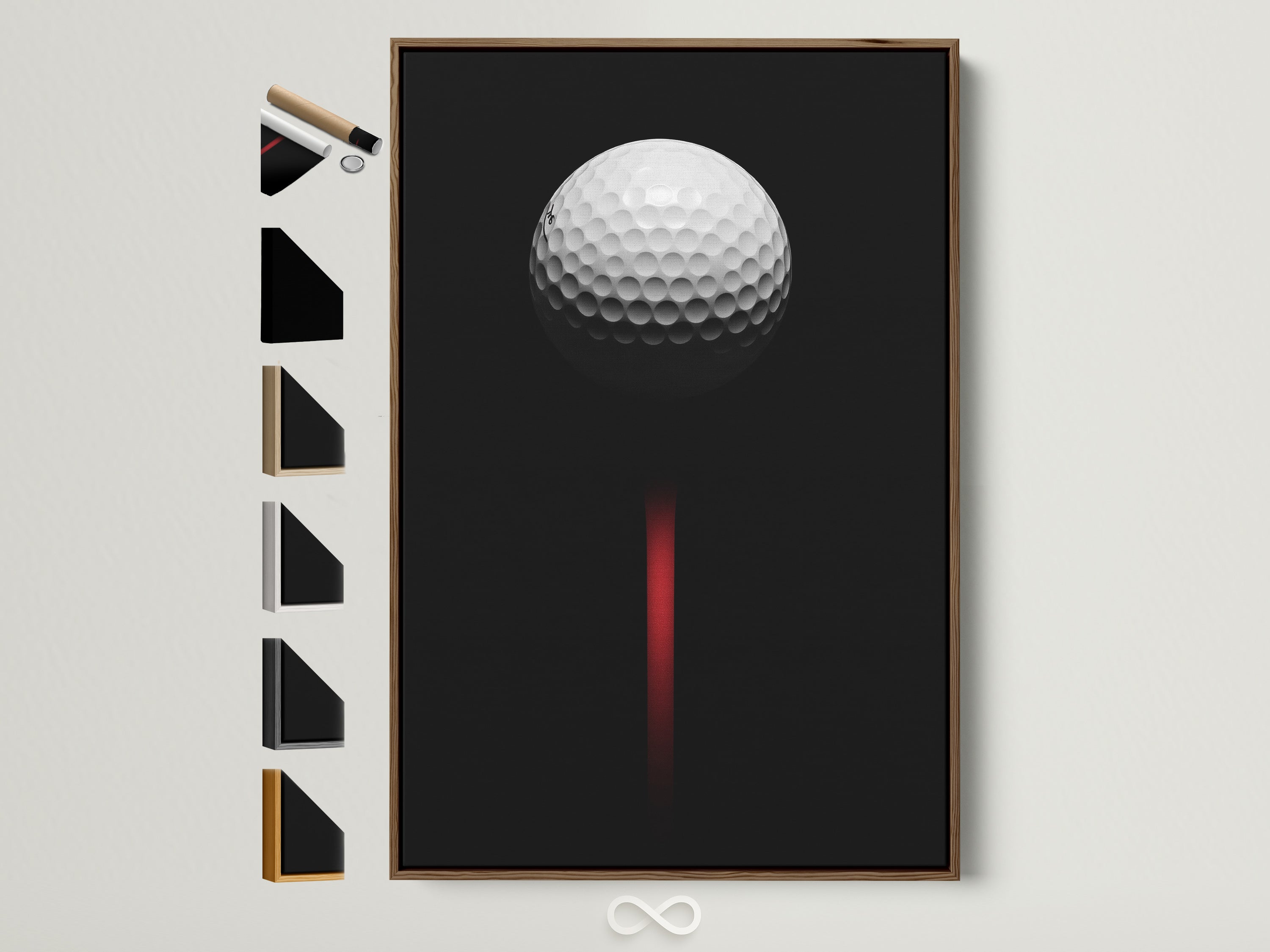 Golf ball canvas artwork in a brown frame. This modern sports wall art features a minimalist black and red golf decor. Perfect for a man cave or office. See frame options on the side.