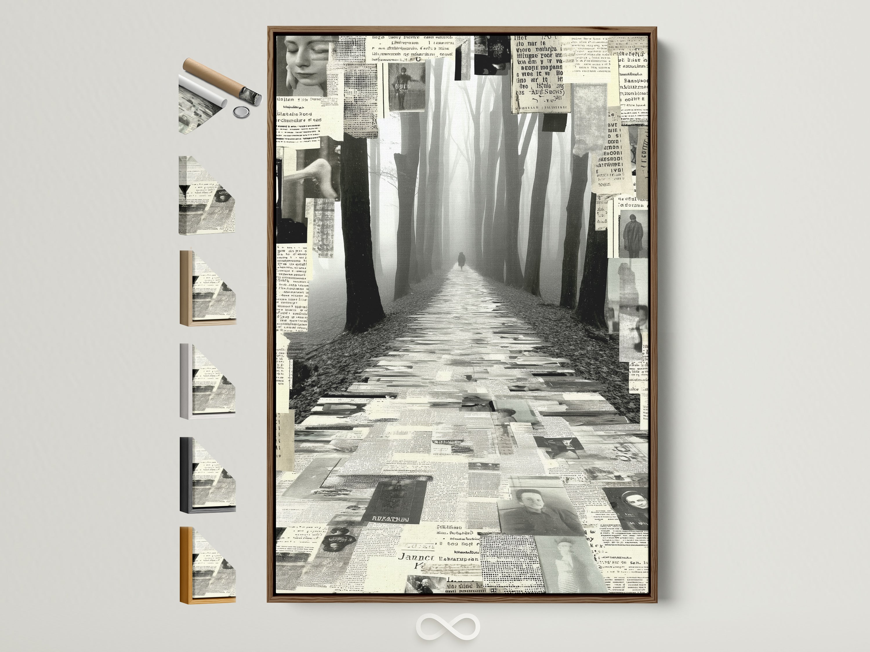 A captivating foggy forest path artwork is displayed within a brown frame. This black and white collage wall art evokes a sense of mystery. Explore frame options for minimalist decor and elevate your space with this woodland wall art. Perfect for study rooms living rooms and more.