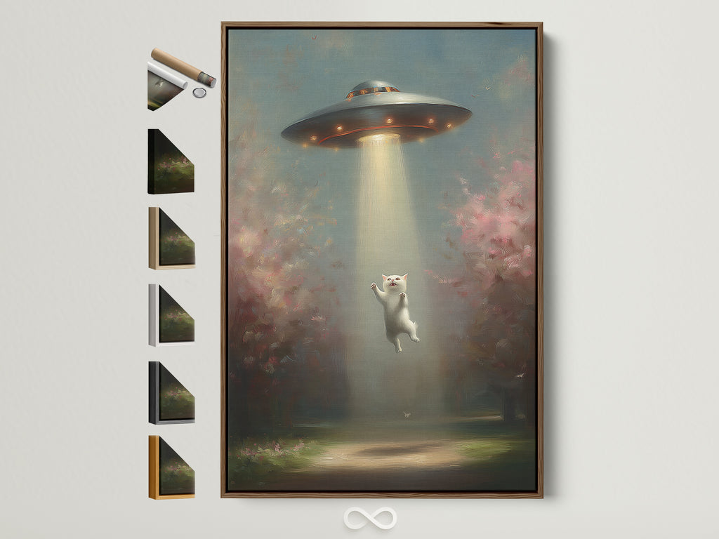 UFO Cat art print in a brown frame. This surreal artwork features an alien abduction scene. The print is displayed with frame options on the side. Perfect quirky home decor.