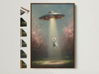 UFO Cat art print in a brown frame. This surreal artwork features an alien abduction scene. The print is displayed with frame options on the side. Perfect quirky home decor.