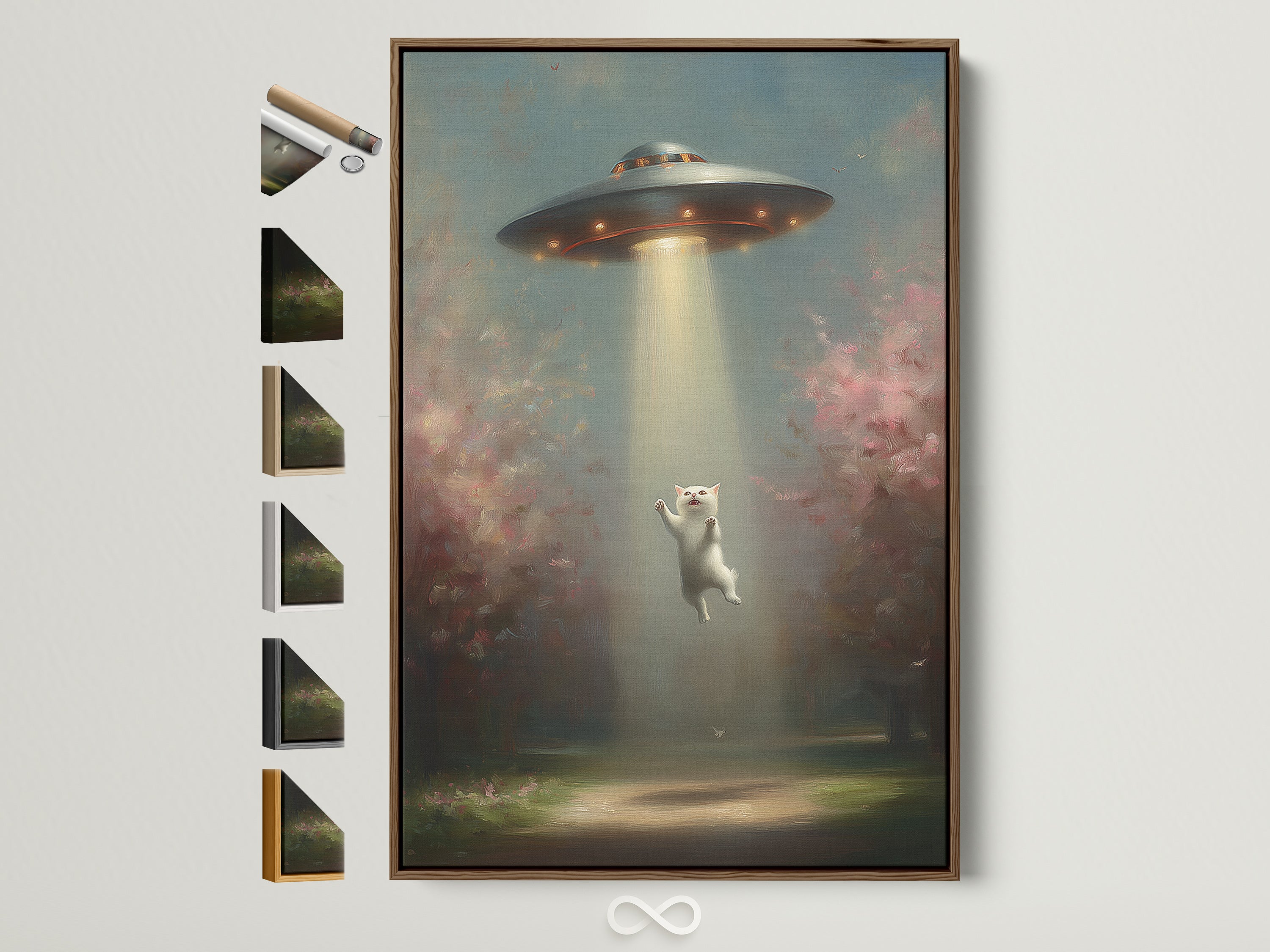 UFO Cat art print in a brown frame. This surreal artwork features an alien abduction scene. The print is displayed with frame options on the side. Perfect quirky home decor.