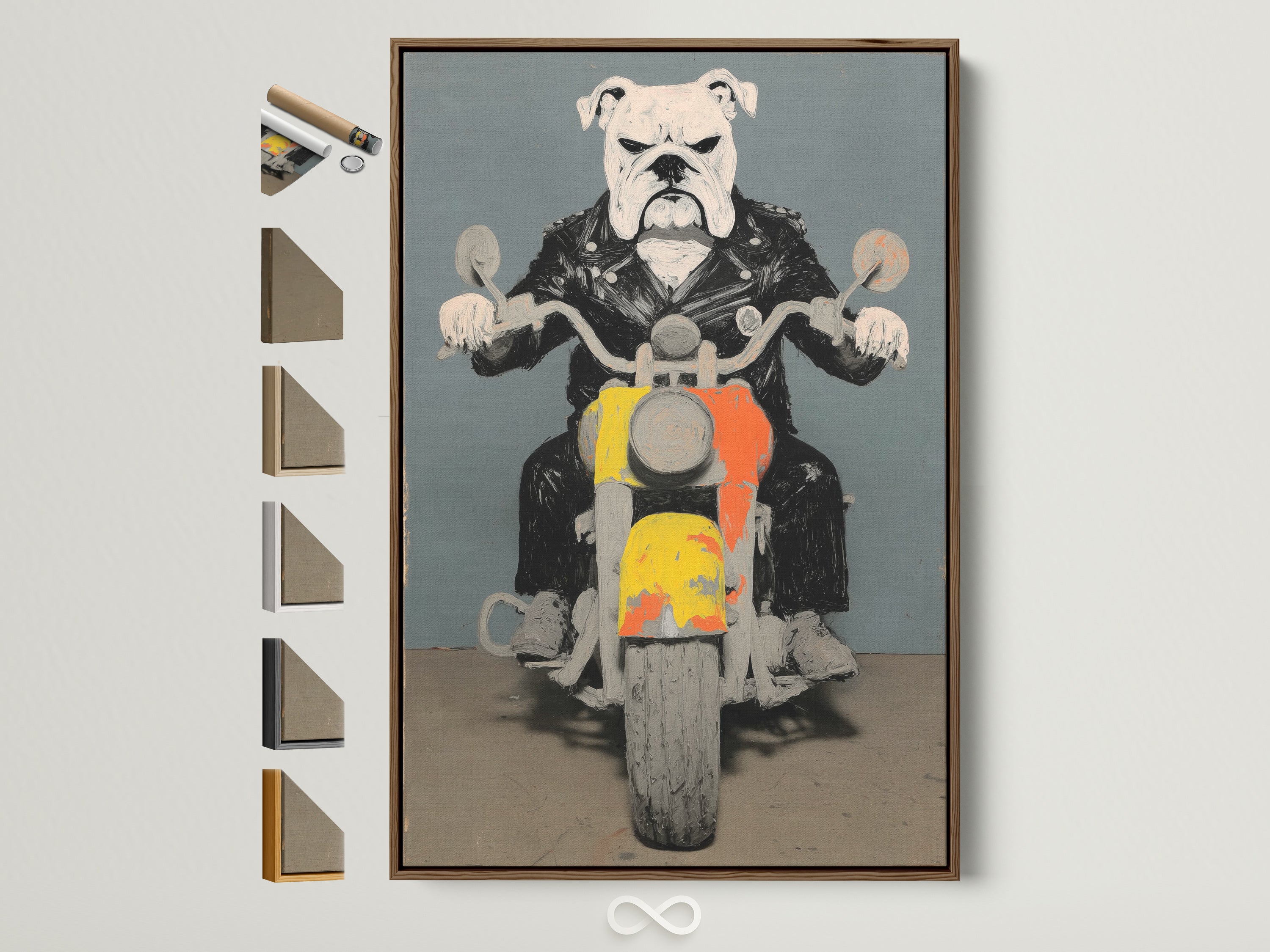 Bulldog Biker artwork in a brown frame. The artwork features a bulldog wearing a leather jacket riding a motorcycle. The artwork is displayed with various frame options. Perfect wall art for a man cave or garage.