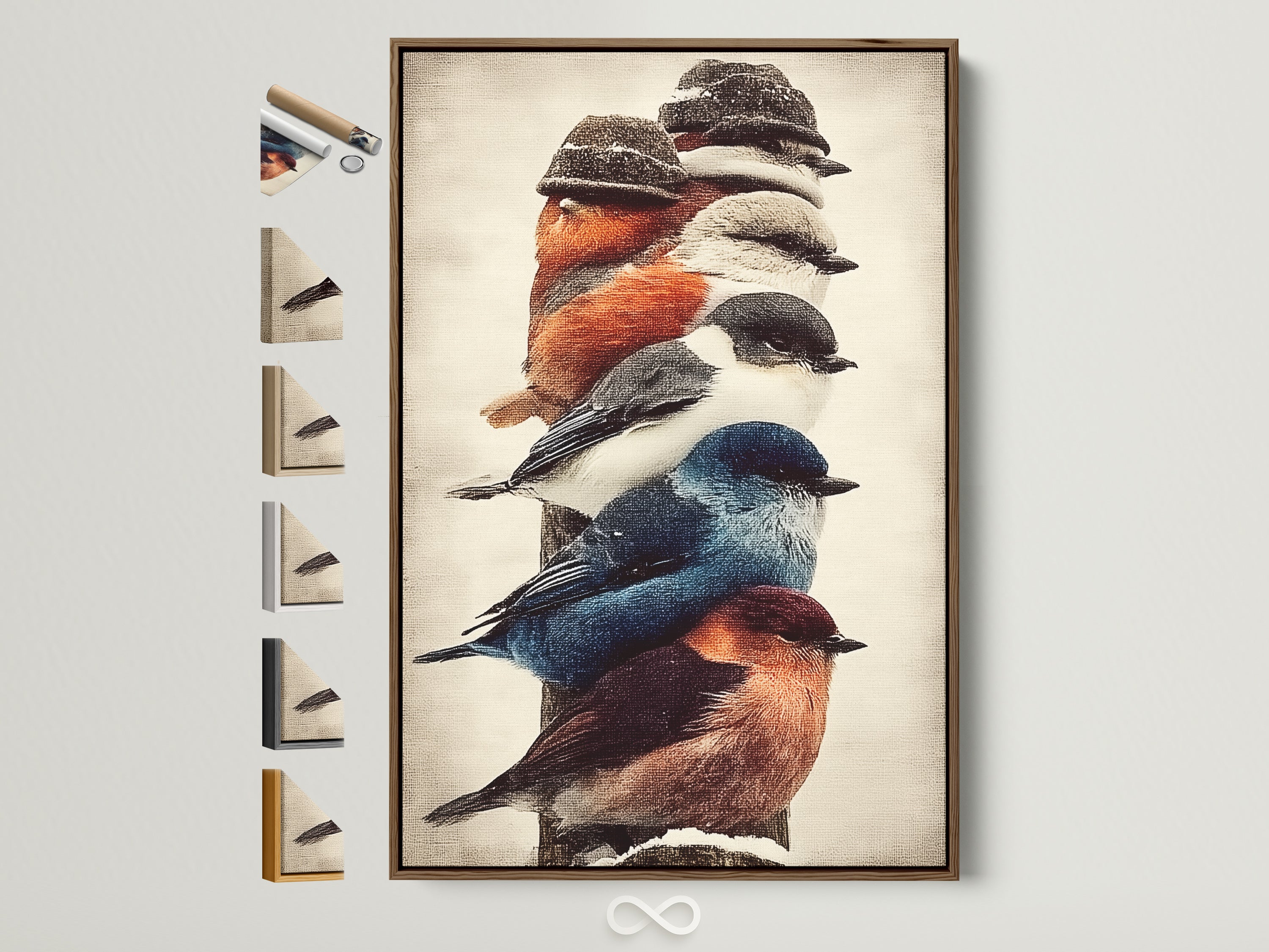 Colorful birds artwork in a brown frame. This vintage style birdwatcher wall art adds rustic charm to any study. See all frame options available on the side. Perfect nature artwork for your home.