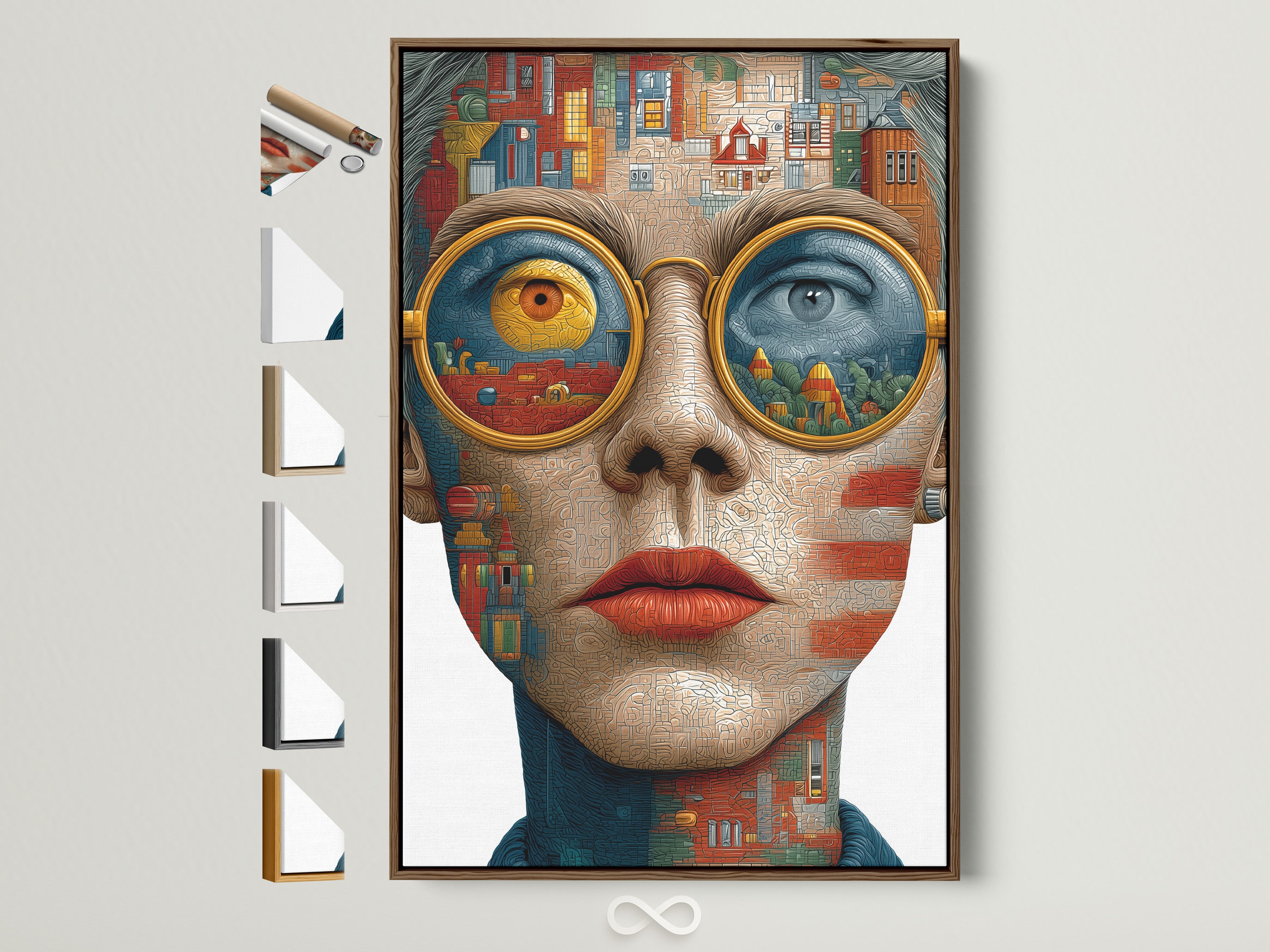 Surreal Portrait Canvas Art with a brown frame. This abstract woman face wall art is a contemporary digital artwork print for office wall decor. The frame is a light brown color with a natural wood grain. Frame options are displayed on the side