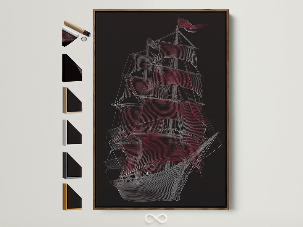 Sailing Ship Canvas Artwork with a Brown Frame. The artwork features a nautical vessel with red sails. This line art poster is perfect for coastal office decor. Various frame options displayed.