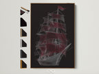 Sailing Ship Canvas Artwork with a Brown Frame. The artwork features a nautical vessel with red sails. This line art poster is perfect for coastal office decor. Various frame options displayed.