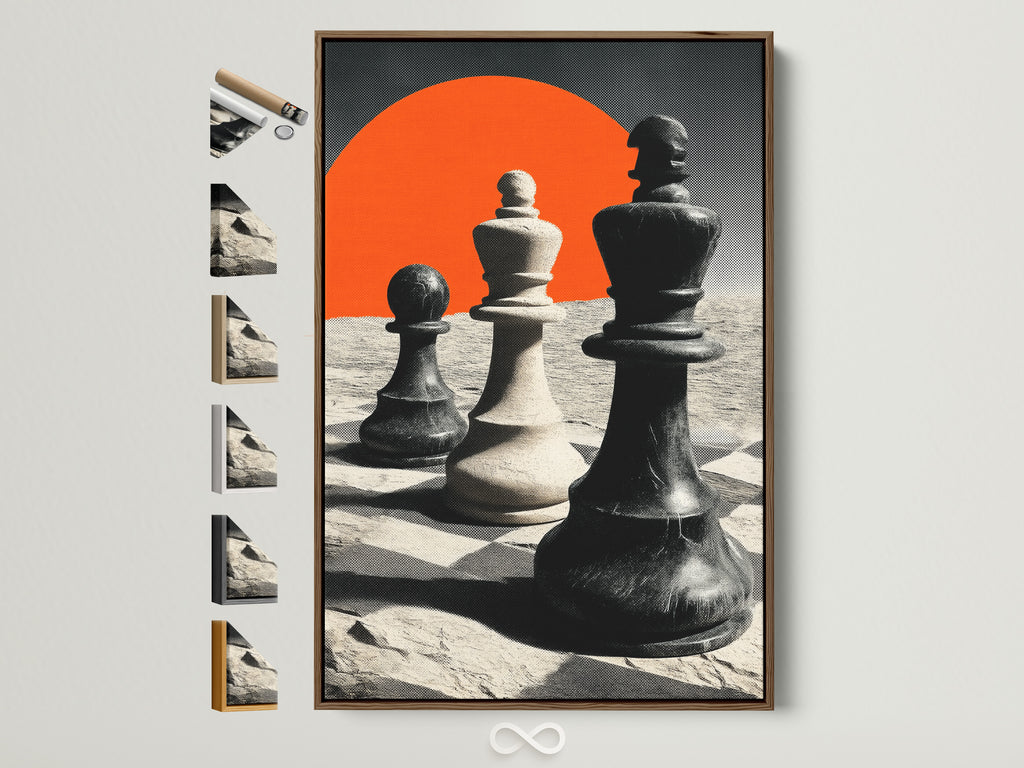 Artwork featuring chess pieces is showcased in a brown frame. The print is displayed on a white wall. All available frame options are presented on the side. A perfect piece of artwork for a game room or office space. Enhance your interior with sophisticated art.