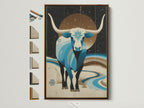 Celestial Bull artwork with a brown frame. The image shows all available frame options. This Western Zodiac wall art is great for boho bedroom decor. A mystical Taurus artwork piece. Find Southwestern style art for your home here.