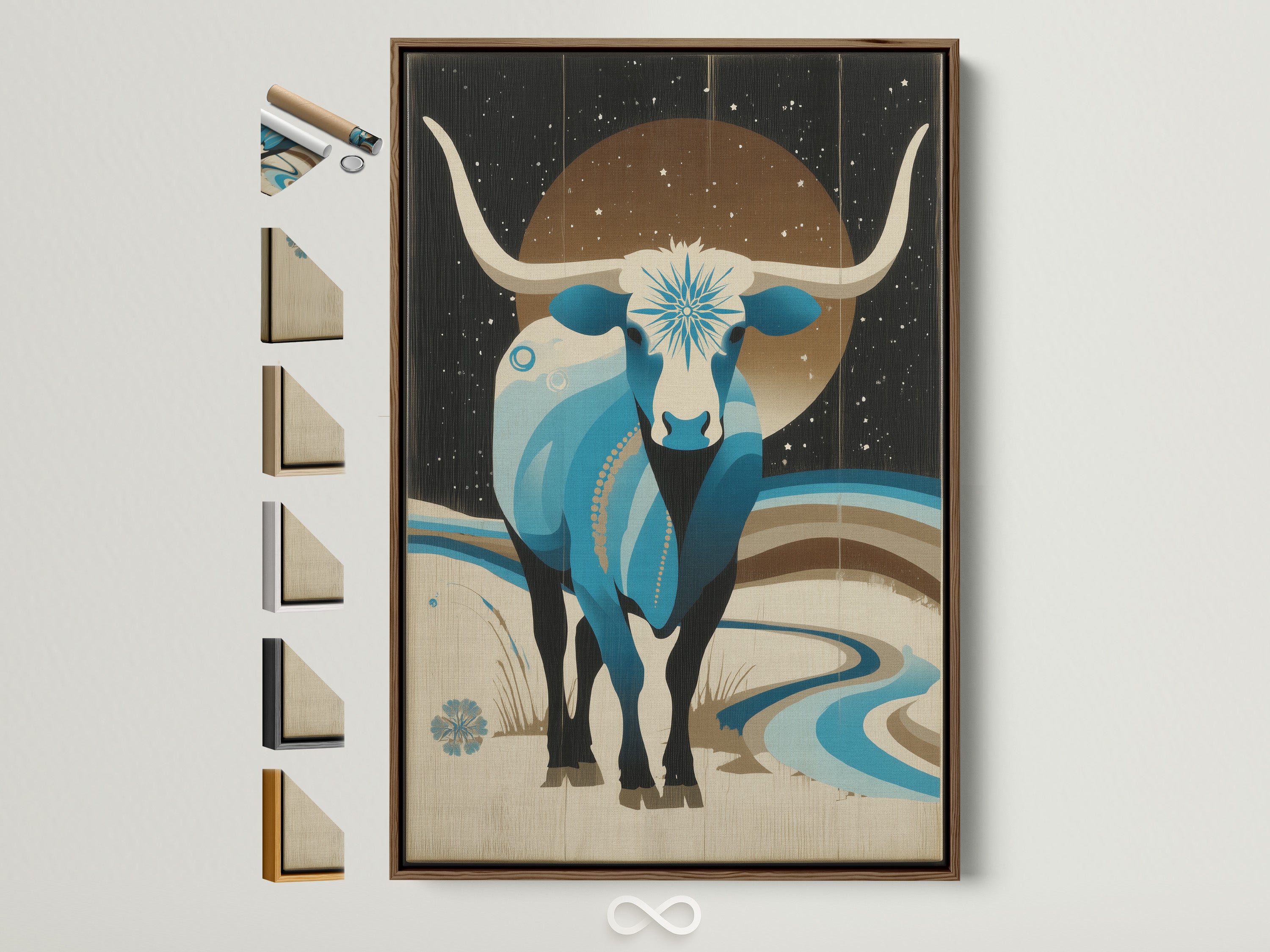 Celestial Bull artwork with a brown frame. The image shows all available frame options. This Western Zodiac wall art is great for boho bedroom decor. A mystical Taurus artwork piece. Find Southwestern style art for your home here.