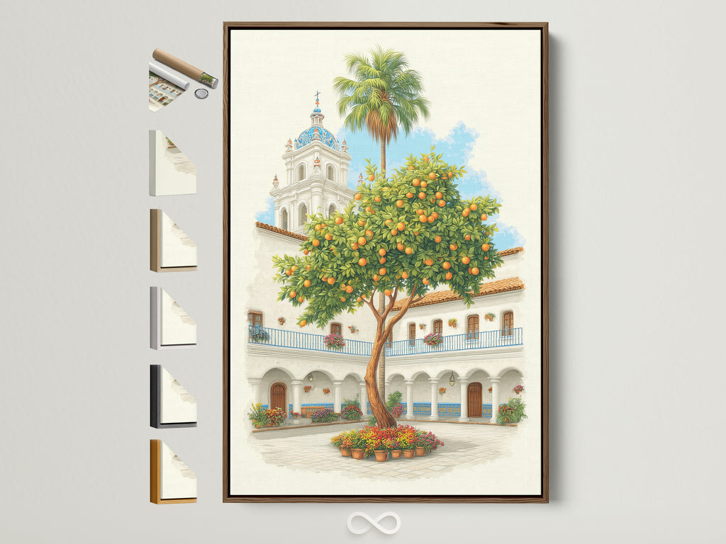 Spanish Courtyard artwork displayed in a brown frame. The artwork features a white building with a blue dome and an orange tree. See all frame options to find the perfect style for your space. Add a touch of Mediterranean decor to your home with this piece.